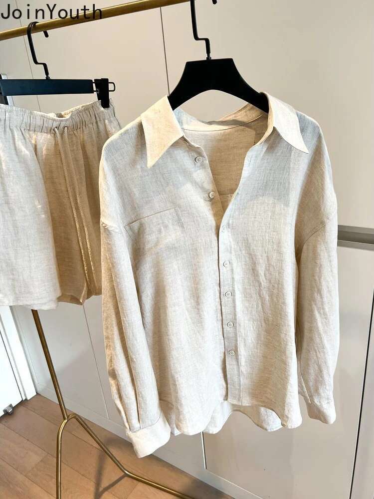 Two Piece Sets Womens Outfits Cotton Linen Clothing Long Sleeve Loose Blouse Tops Bandage Shorts Suit Casual Fashion Summer Set