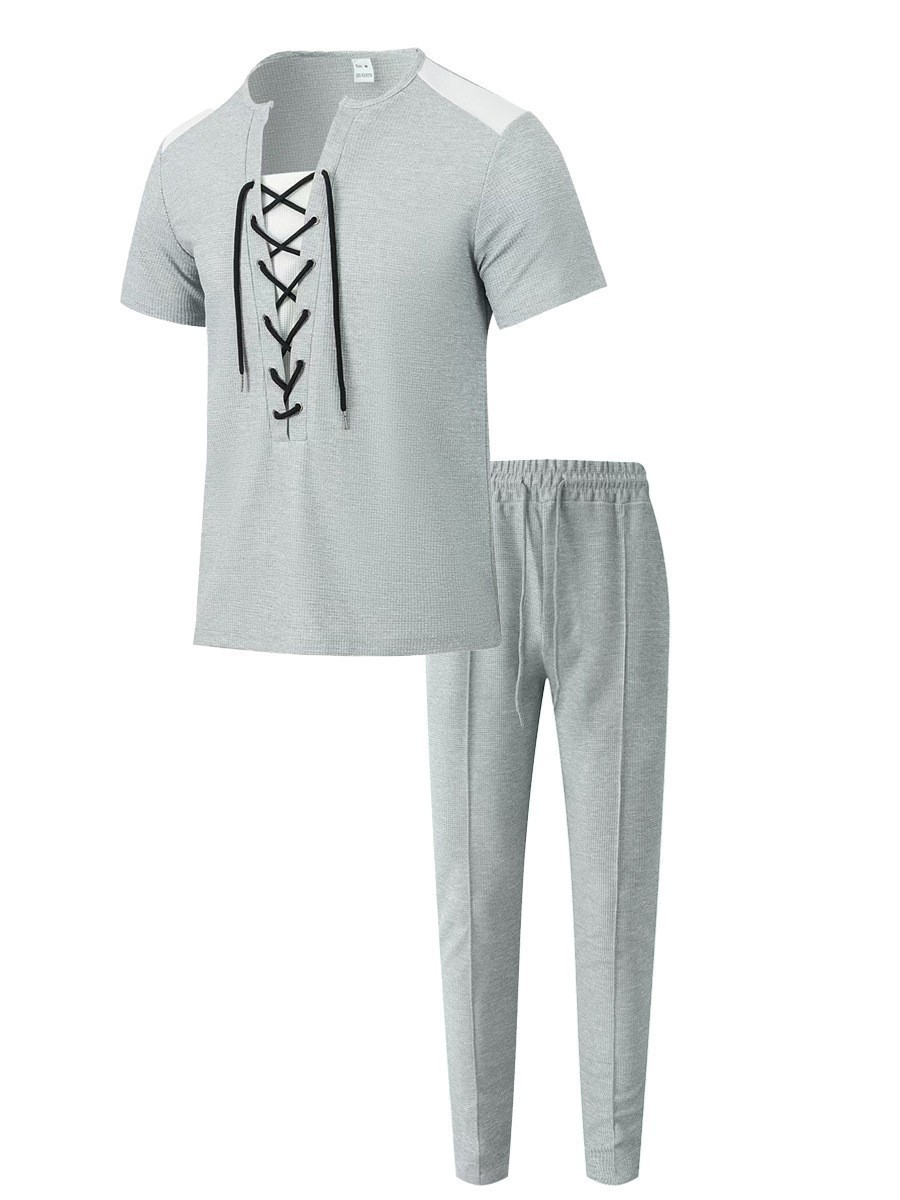 Mens tracksuit Men's fashion two-piece set new Waffle T-shirt fashionable long pants V-neck drawstring short sleeve + long pants two-piece casual