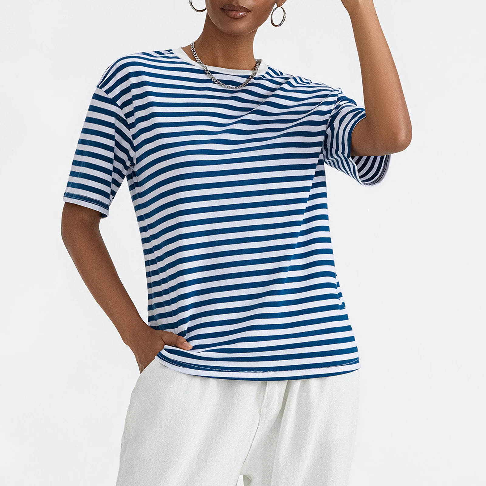 Puloru Summer Striped Loose T-Shirts Womens Oversized Short Sleeve Crew Neck Casual Tops for Street Daily Basic Pullovers 250619