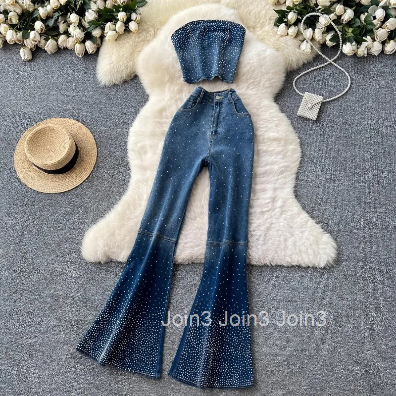 Summer Women Clothing Denim Two Piece Sets Backless Vest Crop Tops Tunic Flare Pants Outfits Chic Sexy Y2k Suit Korean Outfits