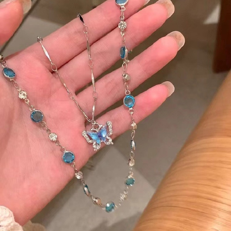 Summer Alloy Blue Double Layer Butterfly Pendant Necklace Jewelry for Women Light Luxury Accessories High-end Layered Clavicle Chain