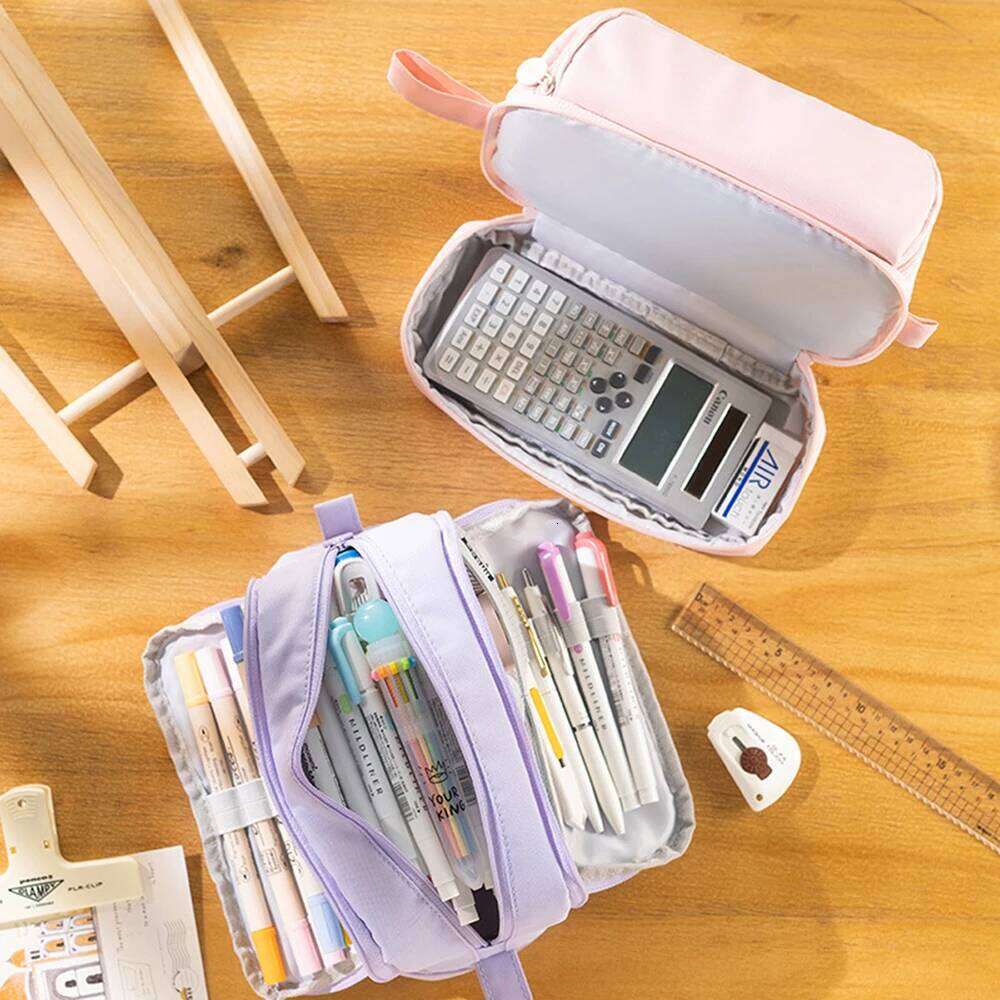Large Capacity Pencil Case Simple Solid Color Stationery Box Double Layer Multifunctional Pen Pouch Students School Supplies