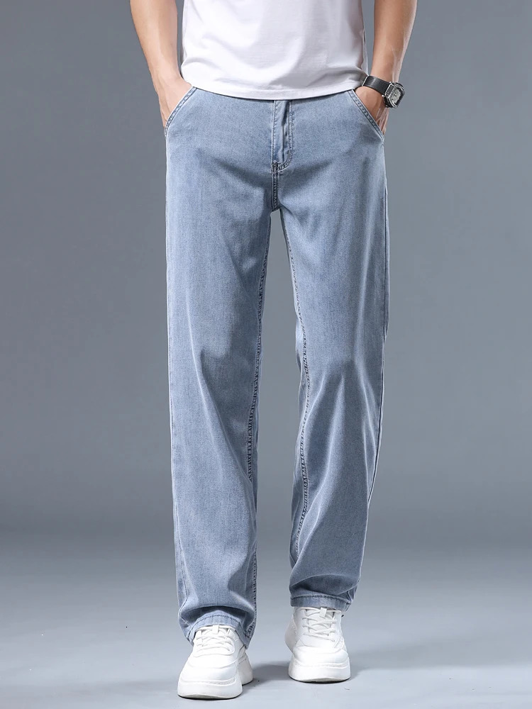 Summer Ultra-thin Mens Jeans Lyocell Soft Breathable Loose Straight Light Blue Denim Pants Business Casual Ice Silk Trousers 250618