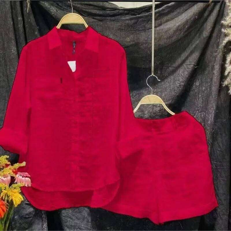 Designer Leisure High Quality Summer Cotton Linen Casual Home 2 Set For Women 2024 Fashion White Long Sleeve Shirt And Shorts Two Piece Sets Tracksuit