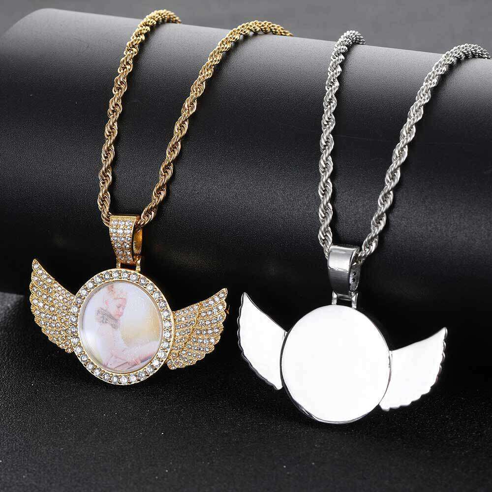 Hip Hop Memory Small Round Photo Angel Wings Frame Pendant Micro Paved Zircon Men's Necklace 675e
