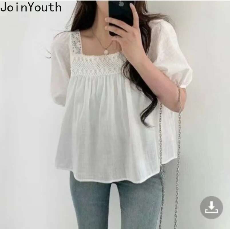 Summer Blouse Women Square Collar Short Sleeve Loose Shirts 2025 Blusas De Mujer Vintage Loose Blouses Hollow Out Korean Tops