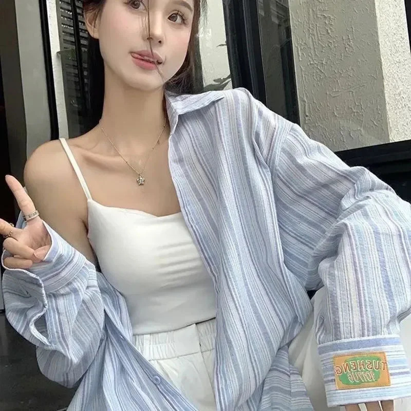Pink Striped Shirt Women Korean Style Loose Long Sleeved Button Up Blouse Ladies Autumn Wild Streetwear Casual Shirts 250616