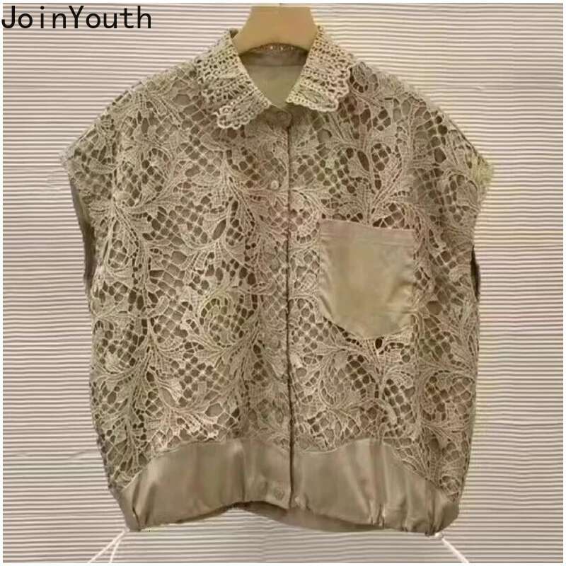 Camisas De Mujer Sleeveless Summer Blouse Womens Clothing 2025 Patchwork Striped Lace Embroidery Fashion Shirts Tops Female