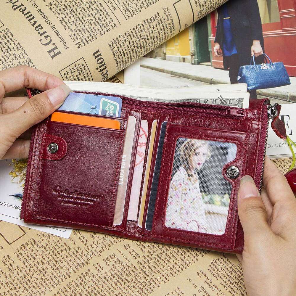 Genuine Leather Wallet Women Brand Double-Zipper Small Coin Purse Female Classic Money Bag ID Card Holder Name Engraving