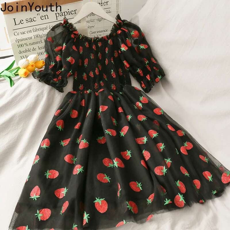 Joinyouth 2025 Summer Dress Women Strawberry Dresses Korean Sequined Gauze Vestidos Slash Neck Ruffles Robe Fashion Party Dress