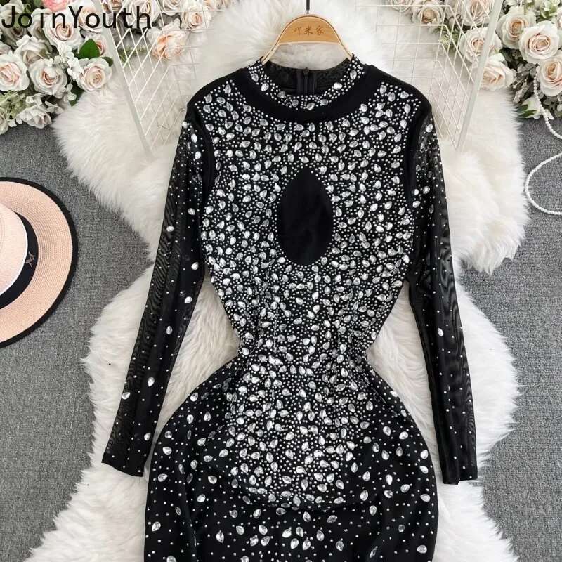 Party Dress Women 2025 Vestidos De Mujer O-neck Long Sleeve Hollow Out Temperament Sexy Robe Femme Bodycon Diamond Maxi Dresses