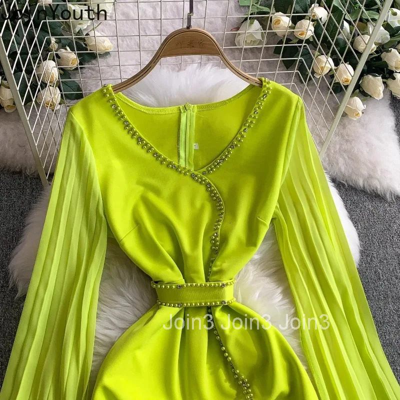 2025 Vestidos De Mujer Elegant Bodycon Dresses for Women V-neck Flare Sleeve Beading Tunic Robe Femme Split Temperament Dress