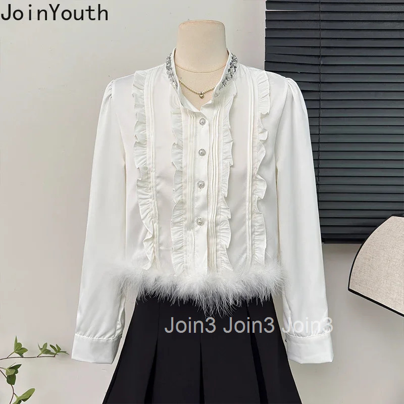 White Crop Tops Blouses for Women Diamond O-neck Long Sleeve Shirts 2025 Blusas Mujer De Moda Tunic Ruffles Temperament Blouse