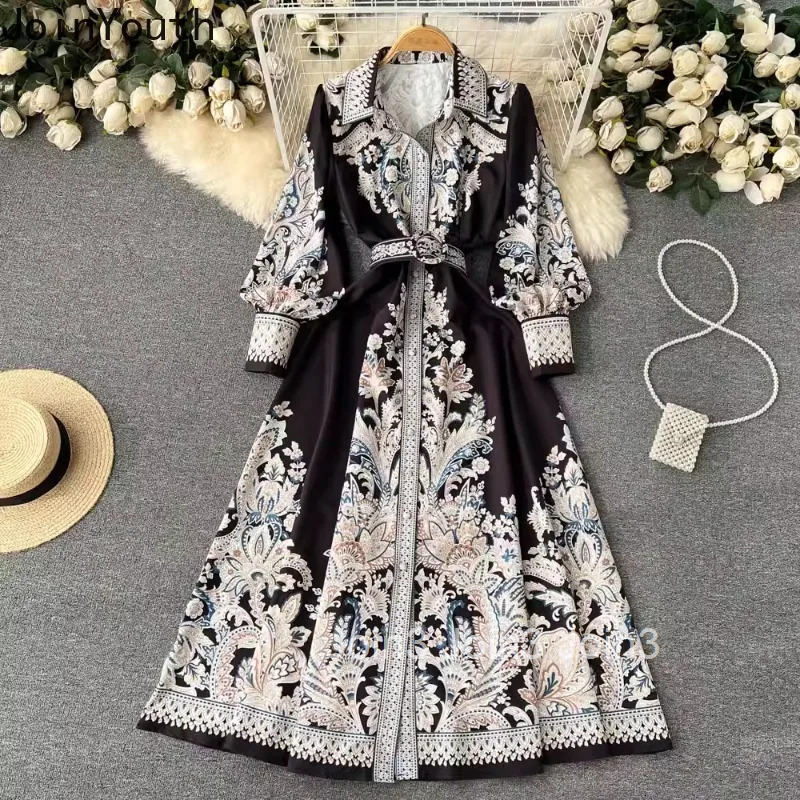 Print Maxi Dress Women Slim Elegant Long Robe Femme Fashion Vintage Dresses Lantern Sleeve Bandage Vestidos Mujer Clothes