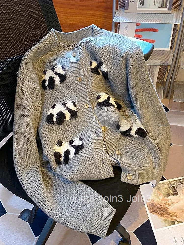 Knitted Sweater Coat Womens Clothing Sueter Mujer Long Sleeve O-neck Panda Cartoon Sweet Cardigan Tops Pull Femme Preppy Style