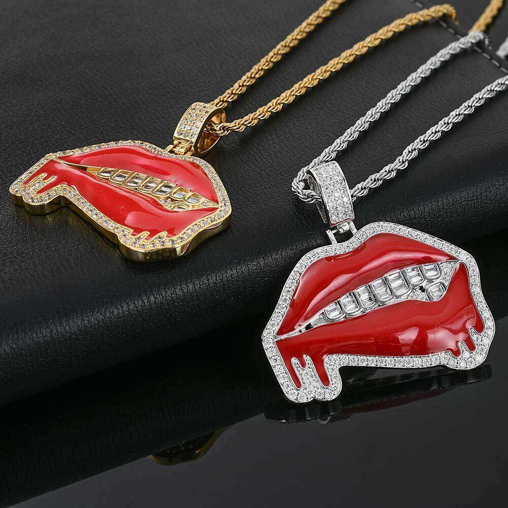Hip Hop Jewelry Oil Drip Red Lips Copper Inlaid Zircon Trendy Brand Personality Men's Pendant Necklace 5652