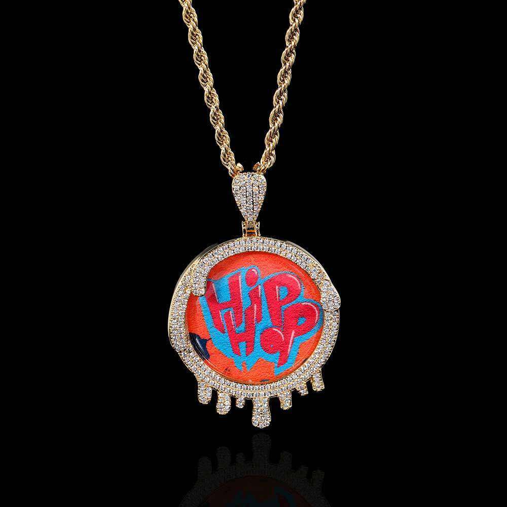 New Hip-Hop Jewelry Round Water Drop Photo Frame Pendant Micro-Paved Zircon Personality Creative DIY Necklace d5bd