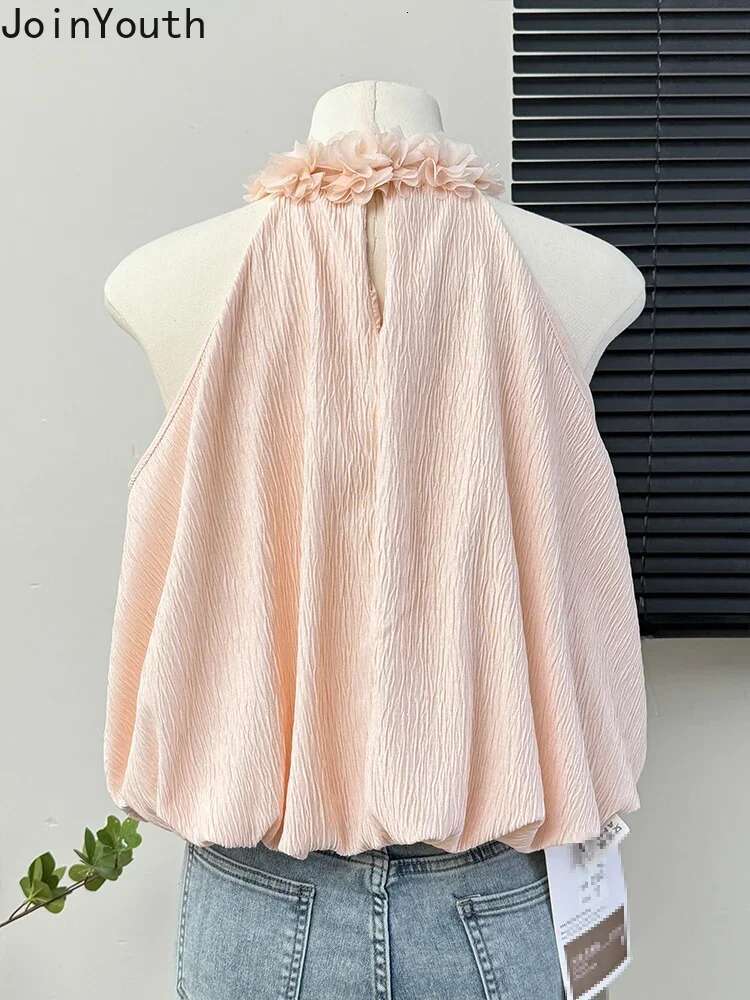 Pink Vest Crop Top Chic Womens Clothing Sleeveless Loose Summer Camis 2025 Ropa Mujer O-neck Floral Folds Sexy Korean Tanks