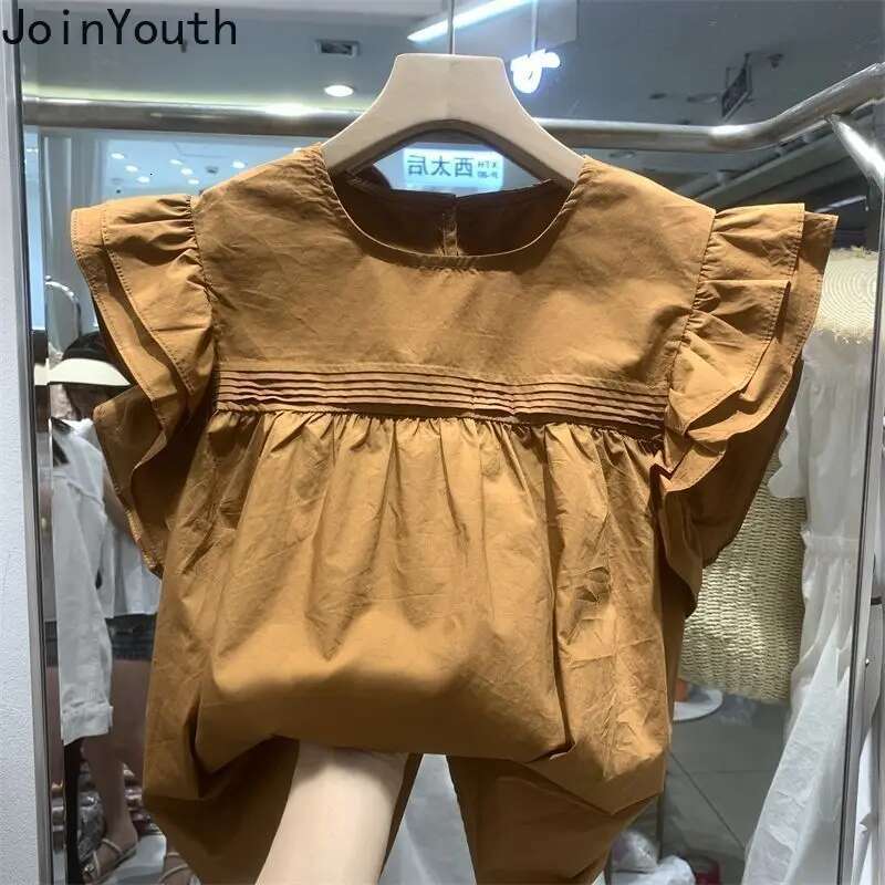 Korean Blouse for Women Flying Sleeve O-neck Loose Shirts 2025 Blusas Mujer De Moda Vintage Summer Tops Chic Sweet White Blouses