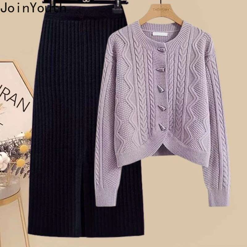 Skirt Suit Two Piece Sets Womens Outfits Roupas Femme O-neck Sweater Coat High Waist Bodycon Skirt Sets Casual Knitted Clothes