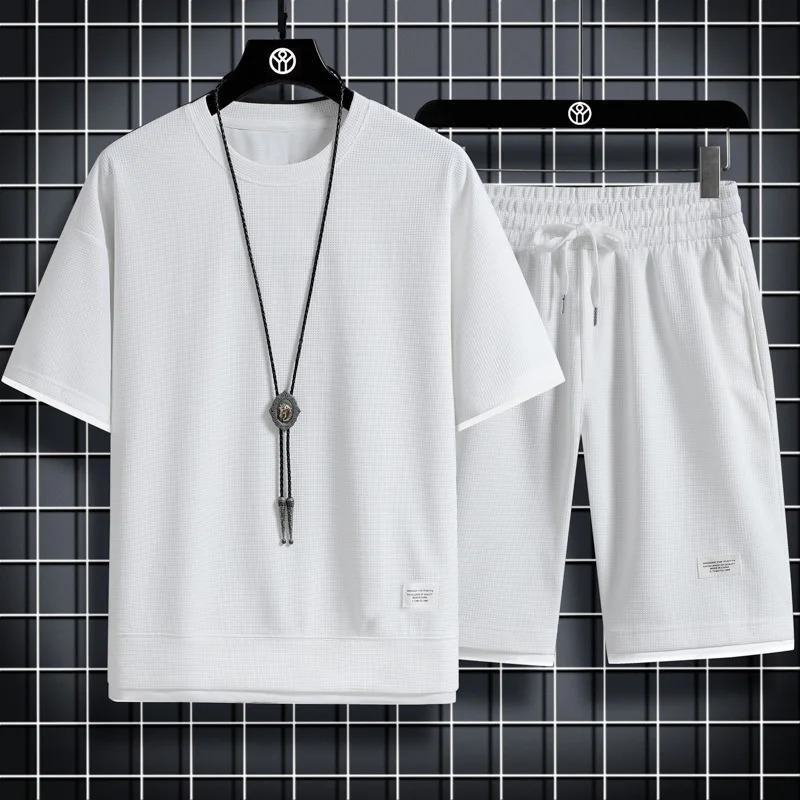 2024 Summer Mens Waffle Sets Casual TShirt And Shorts Set Male Sports Suit Solid Color Tracksuit Loose Suits 250614