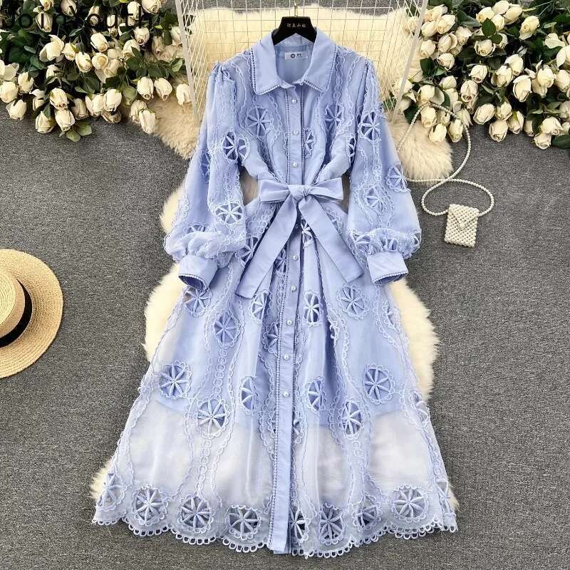 Maxi Dresses for Women Vintage Heavy Embroidery Robe Femme Single Breasted Bandage A-line Hollow Out Dress Vestidos De Mujer