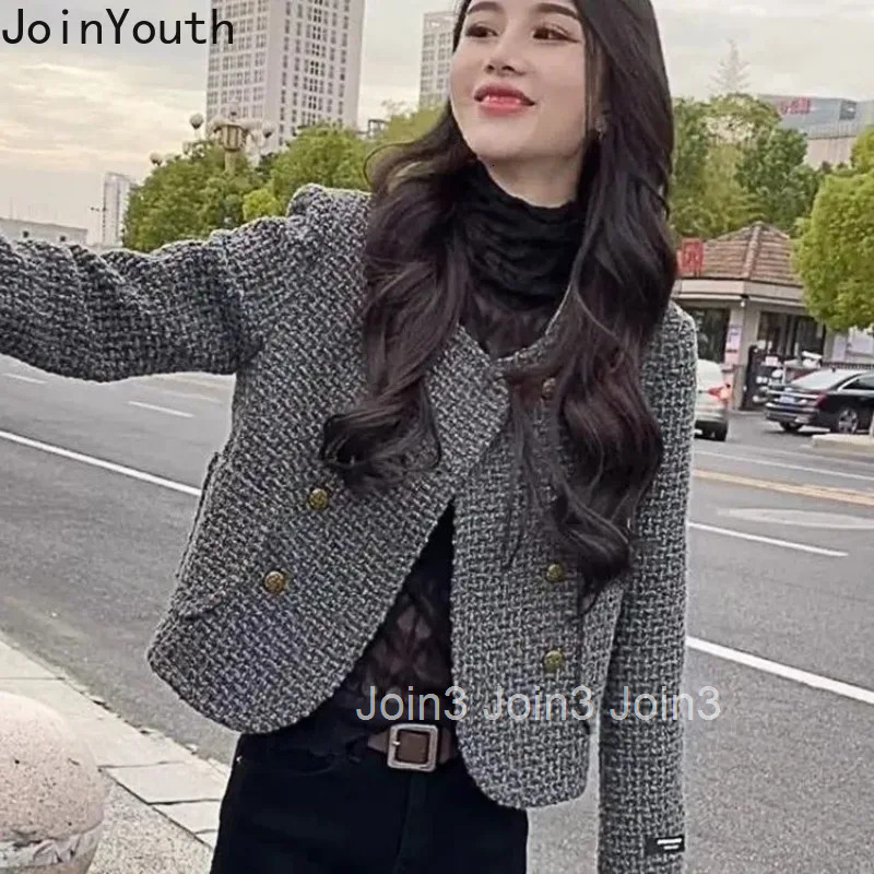 Temperament Ladies Tops Vintage Tweed Jackets Women Clothing O-neck Long Sleeve Double Breasted Crop Coat 2025 Ropa Mujer 27s493