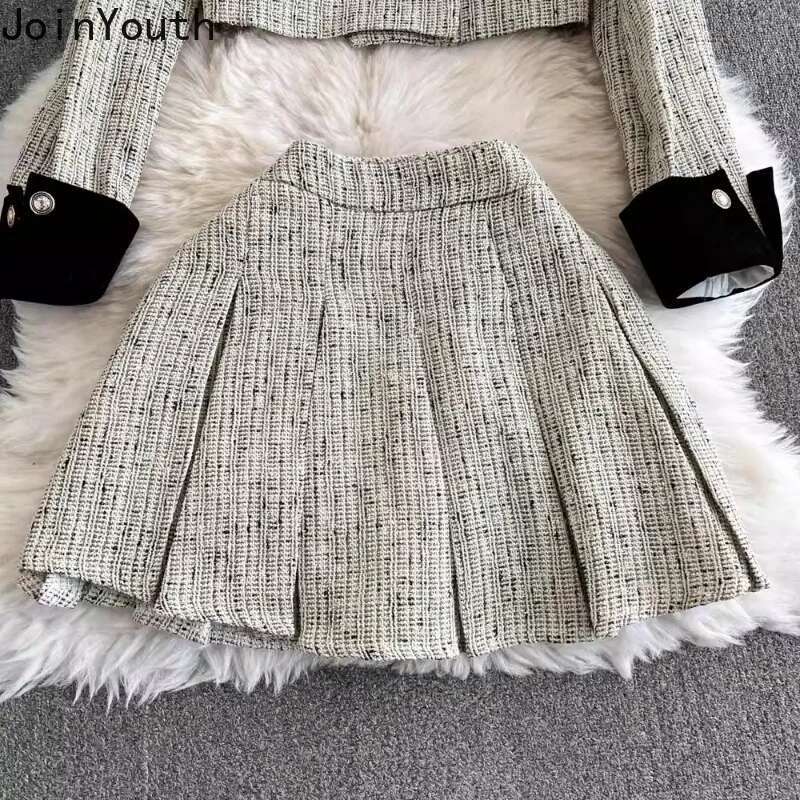 Skirt Outfits Vintage Womens Two Piece Sets Roupas Femme Double-breasted Bow Crop Coats High Waist Pleated Mini Skirts Suit