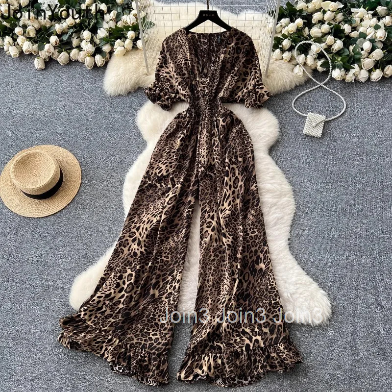 Floral Jumpsuit Womens Clothing V-neck Short Sleeve Elastic Waist Wide Leg Pants Bodysuit Chic Vintage Rompers Summer Playsuit