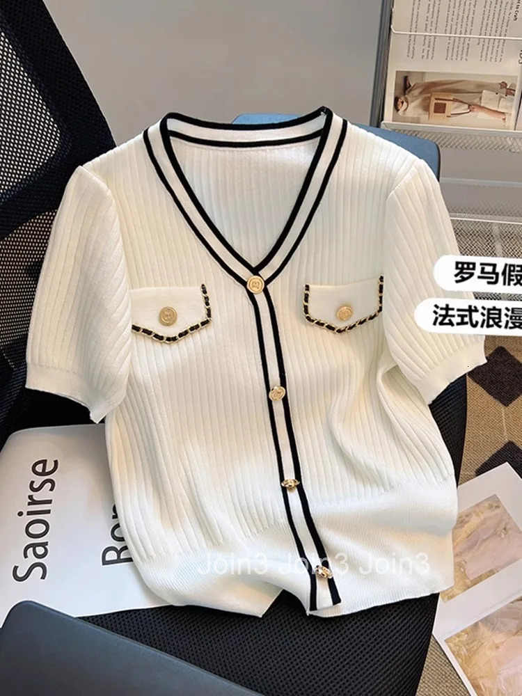 V-neck Short Sleeve Knitted Woman Tshirts 2025 Ropa Mujer Single Breasted Tunic Summer Tees Casual Fashion Korean White T Shirt