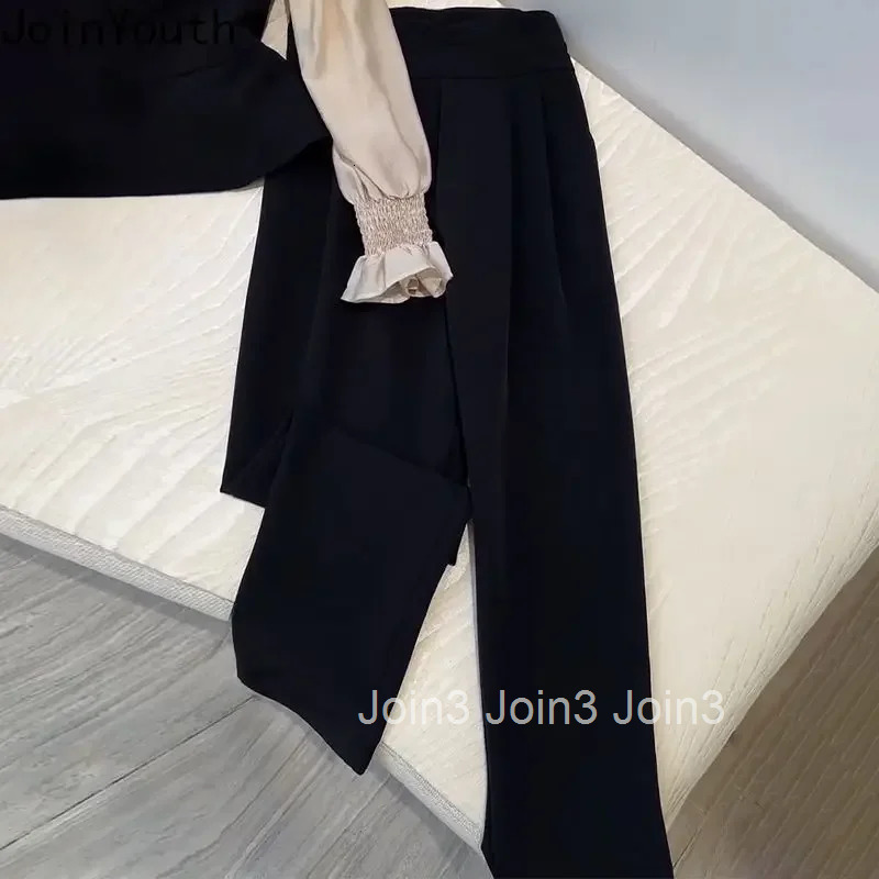 Temperament Pants Outfits Korean 2 Piece Sets for Women Irregular Fake Two Shirt Tunic Pants Suit Roupas Femme Chic Vintage Set
