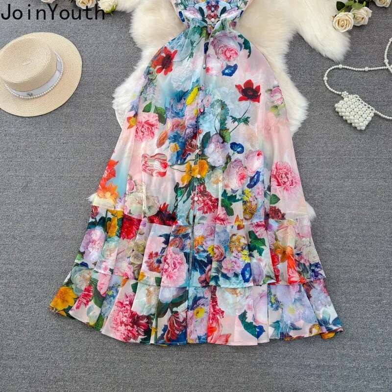 Floral Sweet Dresses for Women V-neck Flying Sleeve Elegant Robe Femme Single Breasted Tunic Summer Maxi Dress Vestidos De Mujer