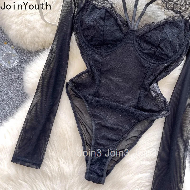 Women Patchwork Lace Sexy Bodysuit See Through Tunic Jumpsuit Hollow Out Fashion Korean Playsuit Y2k Tops Bodysuit Spring Summer