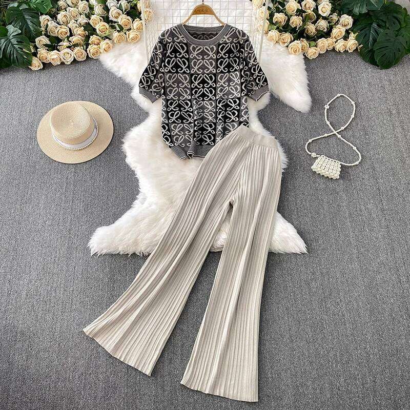 Designer Leisure High Quality Fashion casual suit women's summer new loose print round neck knitted T-shirt top+high waist slimming wide leg pant