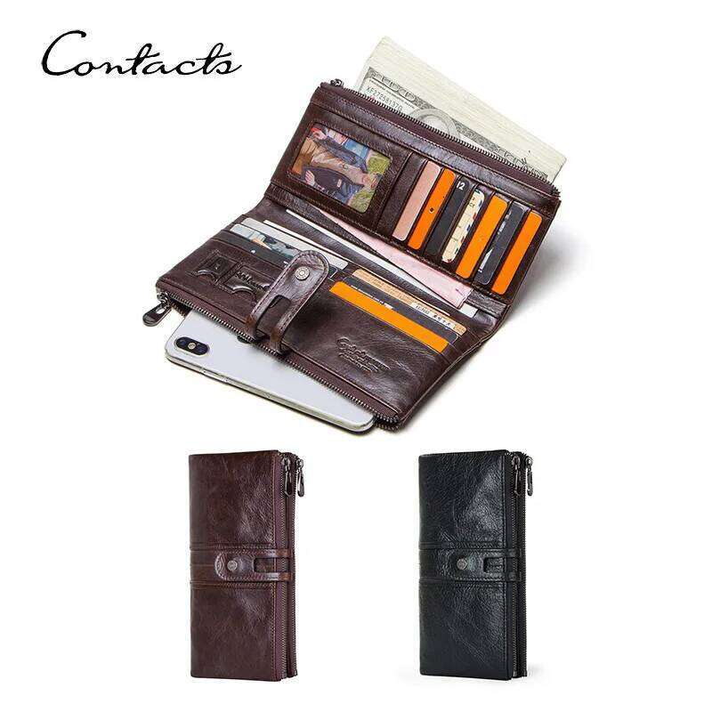 Designer bag CONTACT'S Genuine Leather Long Wallets for Men Vintage Card Holder Coin Purses Money Clips Phone Pocket Male Name Engrave Wallet