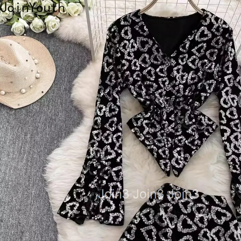 2 Piece Sets Womens Outfits Korean Clothing V-neck Flare Sleeve Irregular Tops Bodycon Mini Skirt Suit Fashion Sequin Sexy Set