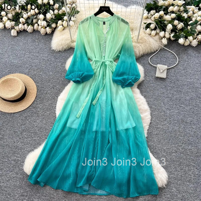 Temperament Robe Femme Chic Gradient Dresses Women Clothing 2025 Vestidos De Mujer Bandage Elegant Summer Maxi Dress 2 Piece Set