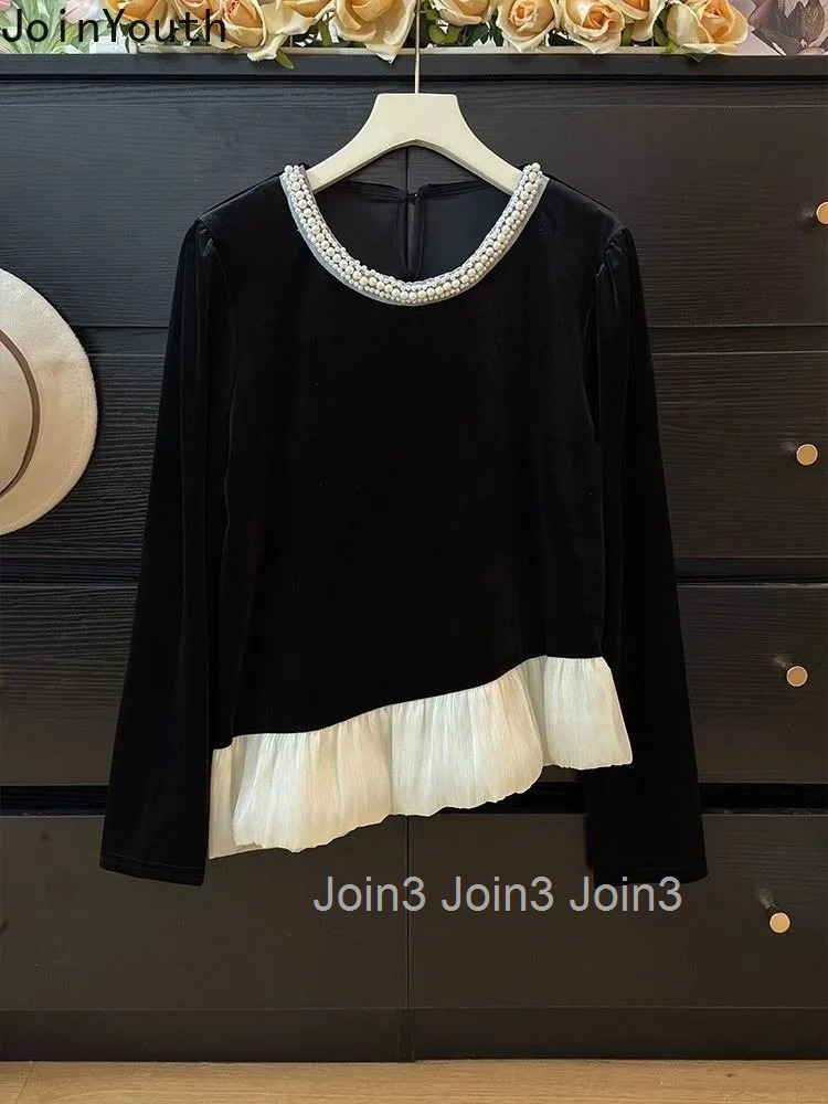 Heavy Beading O-neck Blouse Women Clothing Patchwork Velvet Shirts Crop Tops 2025 Camisas De Mujer Chic Irregular Black Blouses
