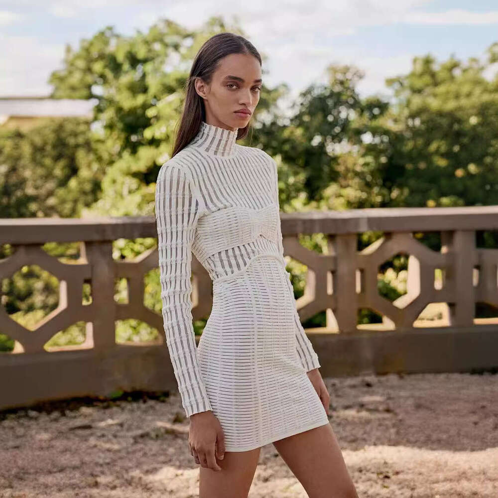 White Skirt Maxi Skirt Hofnige Summer New Tight Mesh See Through Sexy Bodycon White Stand Collar Long Sleeve Bandage Dress Long Skirt