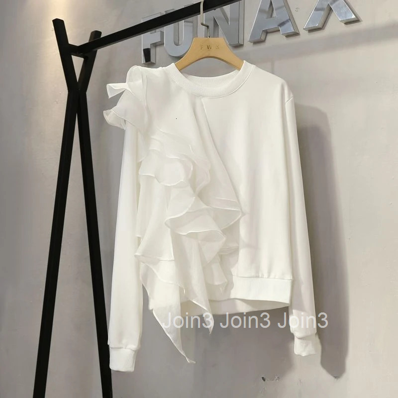 2025 Women Clothing White Hoodies O-neck Long Sleeve Oversized Sweatshirts Y2k Tops Chic Ruffles Irregular Fashion Casual Hoodie