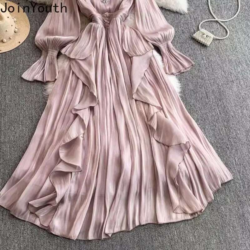 Temperament Robe Femme V-neck Flare Sleeve Dresses for Women 2025 Vestidos De Mujer Chic Diamond Ruffles Elegant Pleated Dress