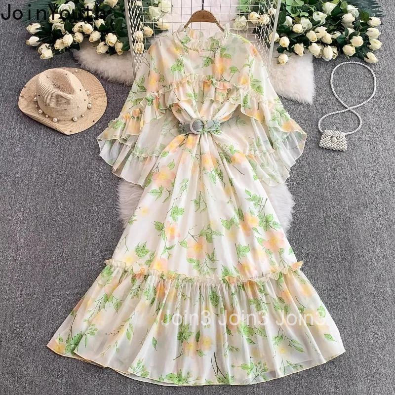 Floral Sweet Dresses Women Clothes O-neck Flare Sleeve Slim Waist Robe Femme 2025 Vestidos De Mujer Ruffles Chiffon Summer Dress