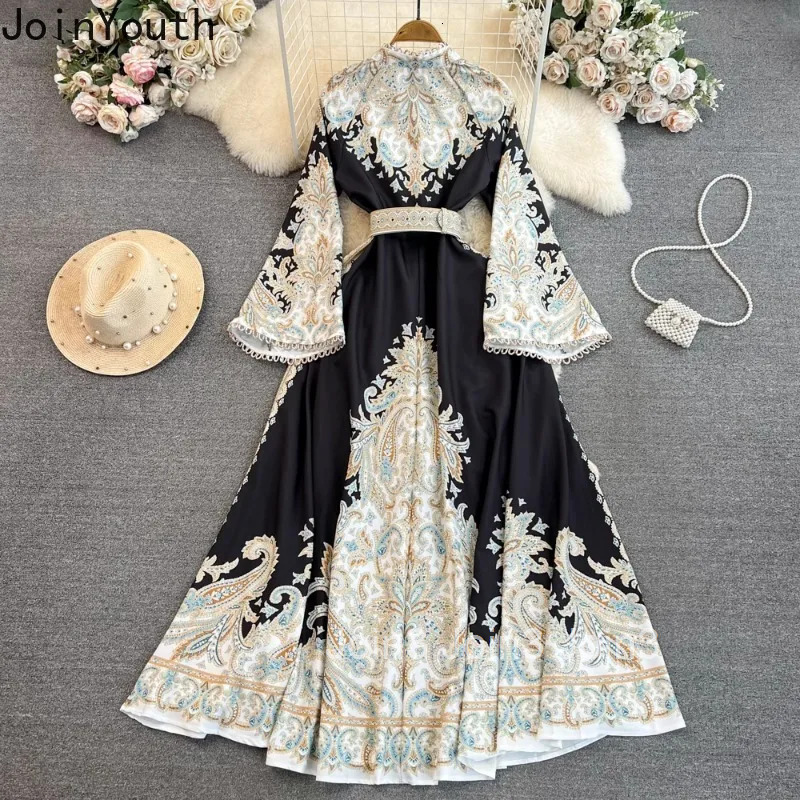 Flare Sleeve Elegant Dresses Women Stand Neck Slim Waist Single Breasted Vestidos De Mujer Korean Chic Vintage Summer Maxi Dress