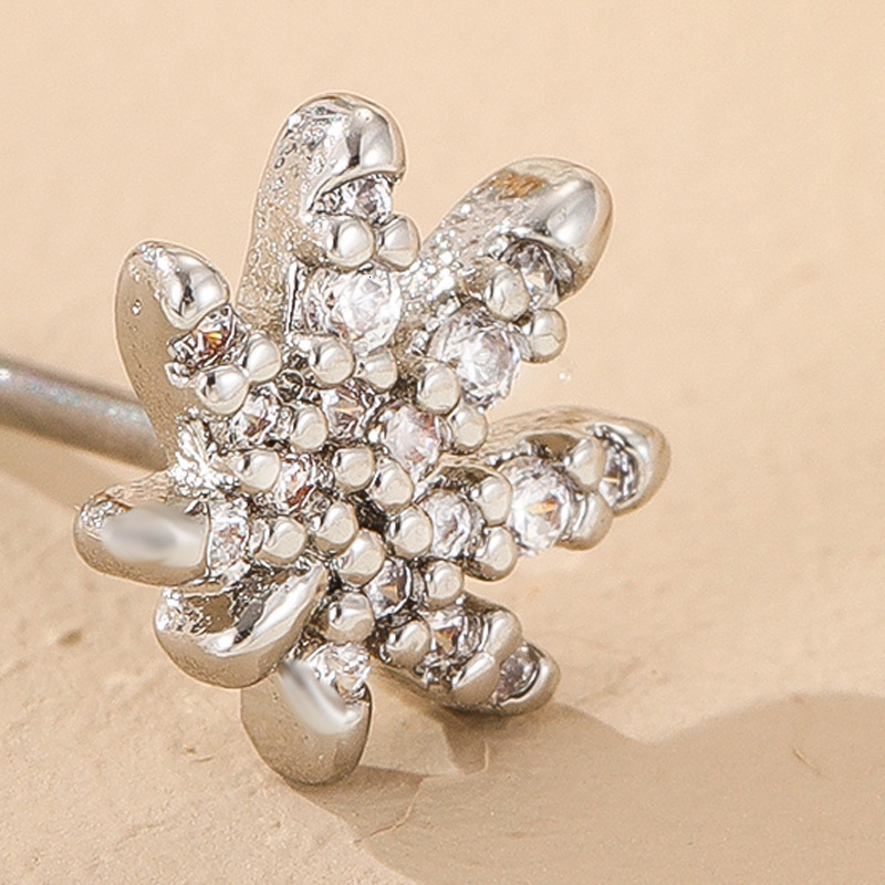 Piercing Stud For Women, Personalized Style, Maple Leaf Inlaid With Zircon, Full Design Ring, Nose Jewelry