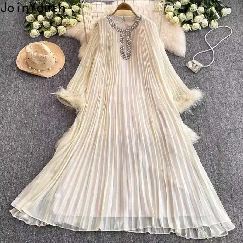 Korean Chic Woman Maxi Dresses Diamond O-neck Feather Loose Flare Sleeve Robe Femme Vintage Pleated Dress 2025 Vestidos De Mujer