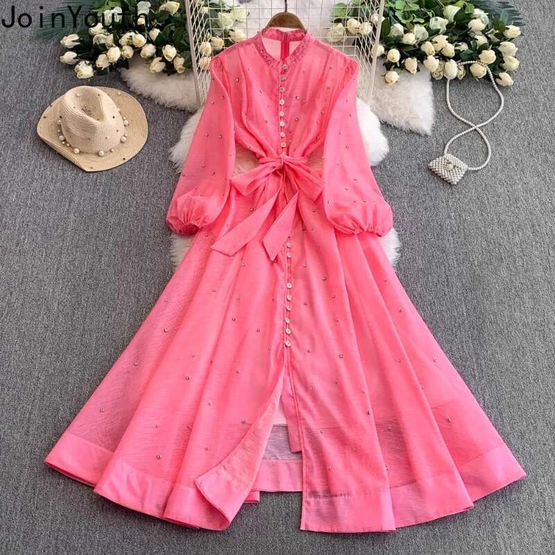 Elegant Maxi Dresses Women Clothing Stand Neck Lantern Sleeve Temperament Robe Femme 2025 Vestidos De Mujer Diamond Summer Dress