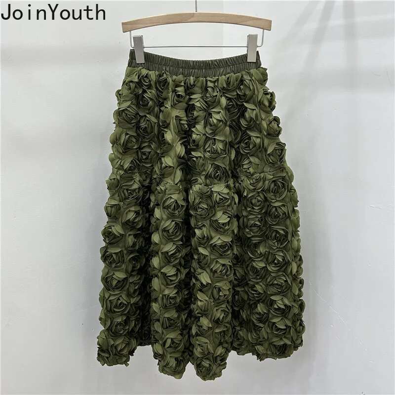 Chic 3D Floral Skirt for Women Temperament Jupe 2025 Faldas Mujer De Moda High Waist Loose Saia A-line Sweet Solid Color Skirts