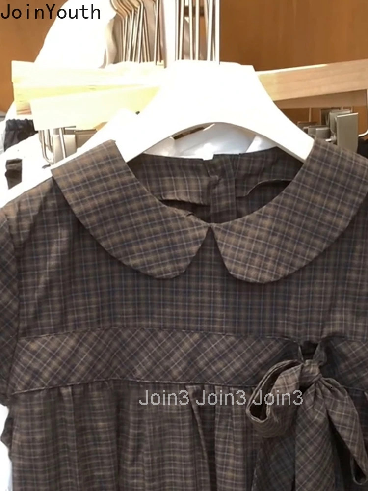 Sweet Women Shirts 2025 Blusas Mujer De Moda Bandage Peter Pan Collar Short Sleeve Blouses Vintage Plaid Bow Summer Blouse Tops