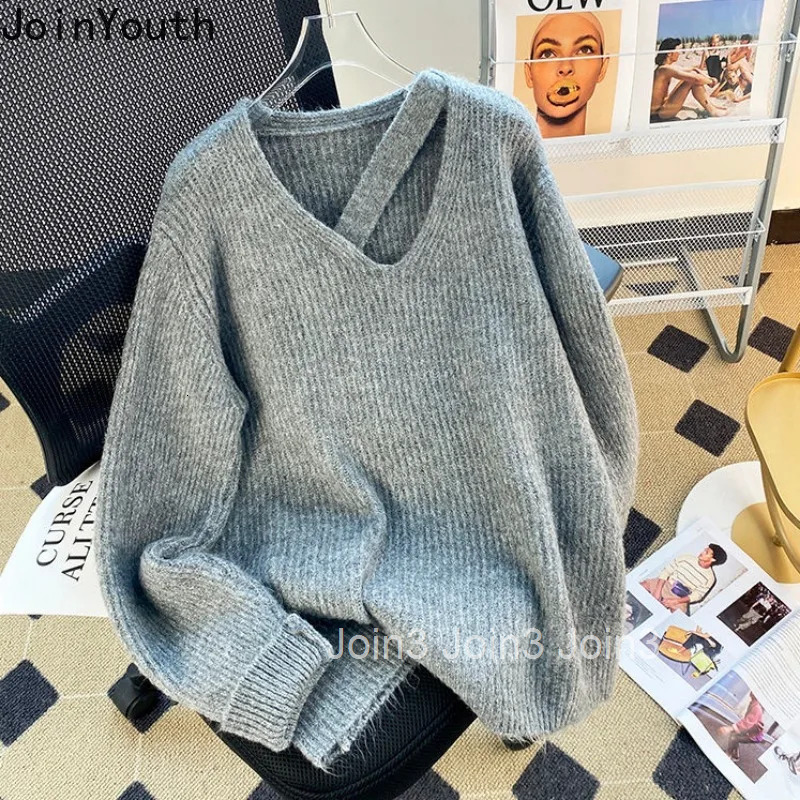 Oversized Pullovers Women Fall Winter Clothing Thicked Jumper V-neck Casual Fashion Knitted Sweater Y2k Tops Korean Sueter Mujer