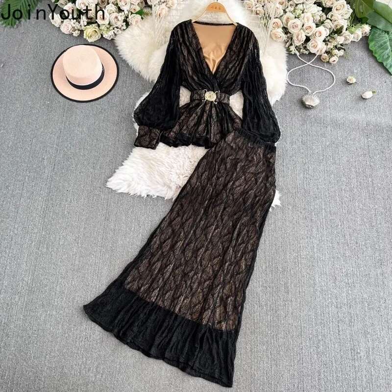 Women Clothing Skirt Outfits 2 Piece Sets V-neck Lantern Sleeve Slim Waist Tops High Waist Slim Fit Suit Fashion Temperament Set
